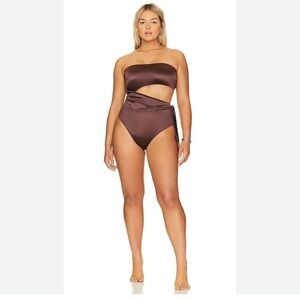 Good American Satin Side Tie Cut Out Swimsuit in Dark Cocoa Sz 4XL